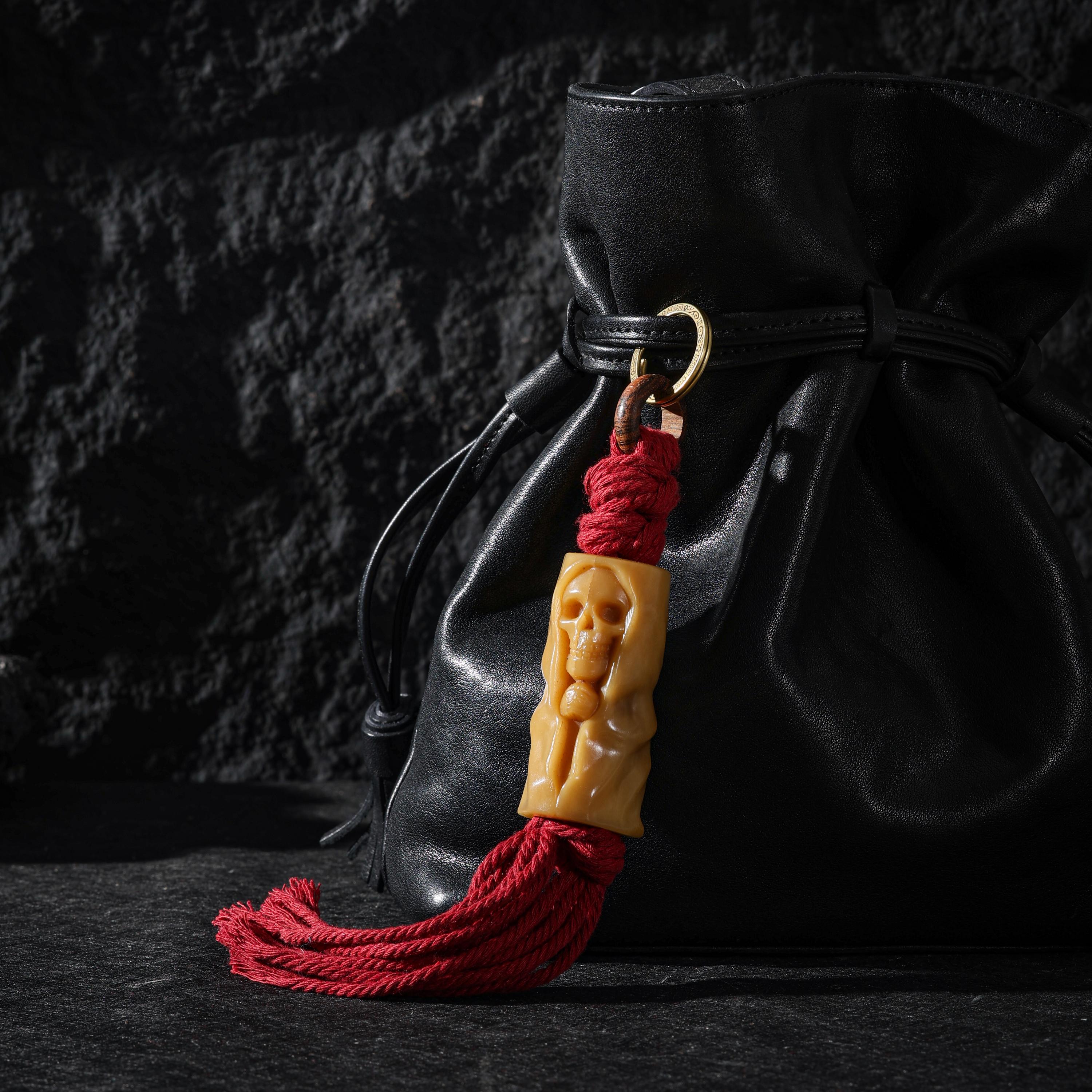 AURA DEER Tibetan Carved Bone Charnel-Ground Skull Talisman Bag Charm Keychain