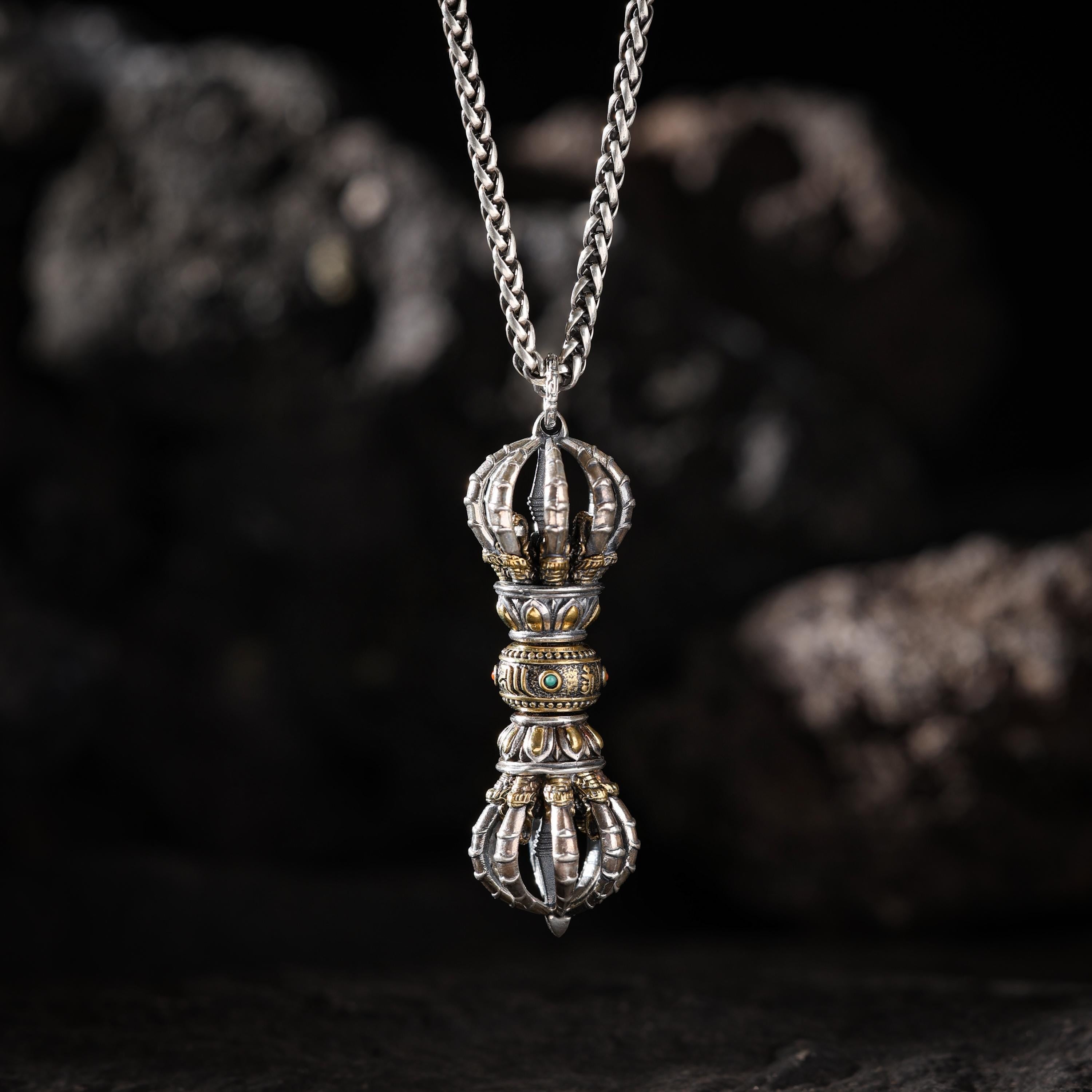AURA DEER Nine-Pronged Vajra Pendant Necklace Sterling Silver Tibetan Amulet