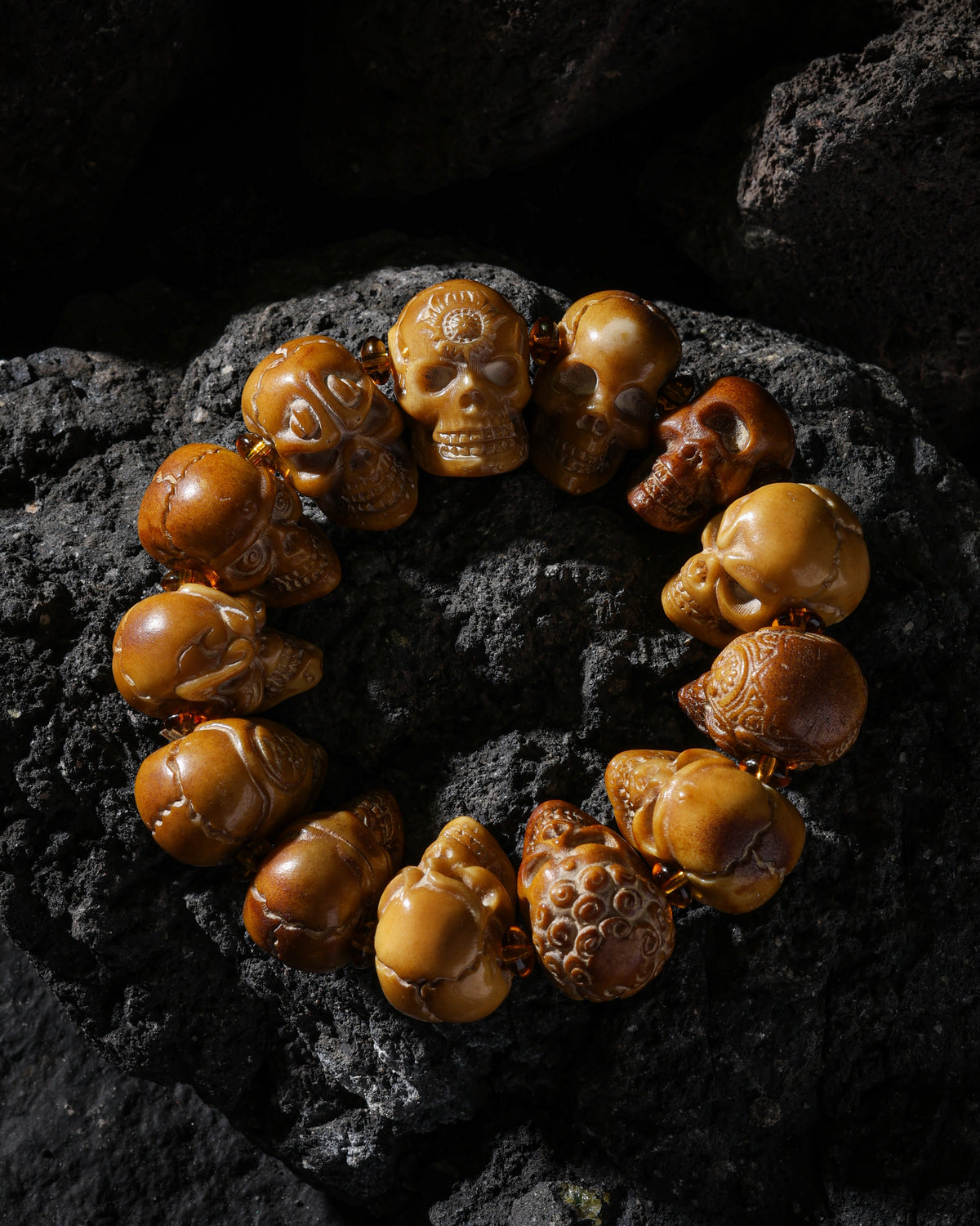 Yak Bone Skull Bracelet with 13 Unique Beads-4