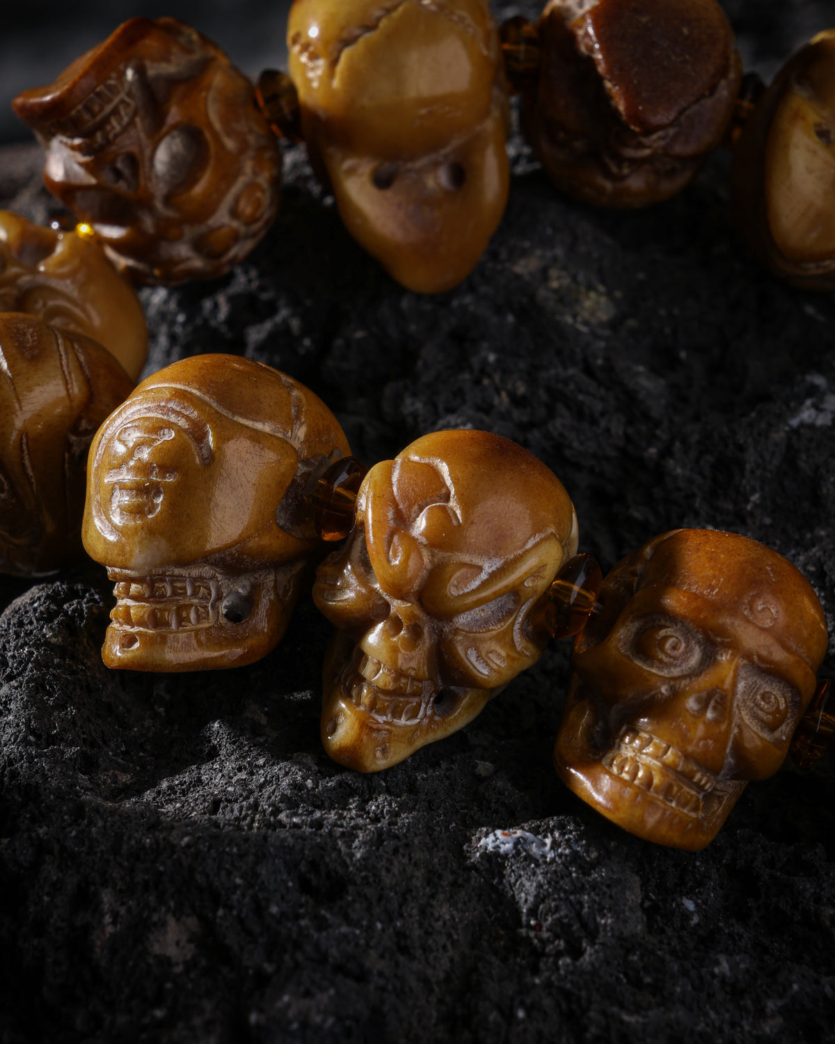 Yak Bone Skull Bracelet with 13 Unique Beads-12