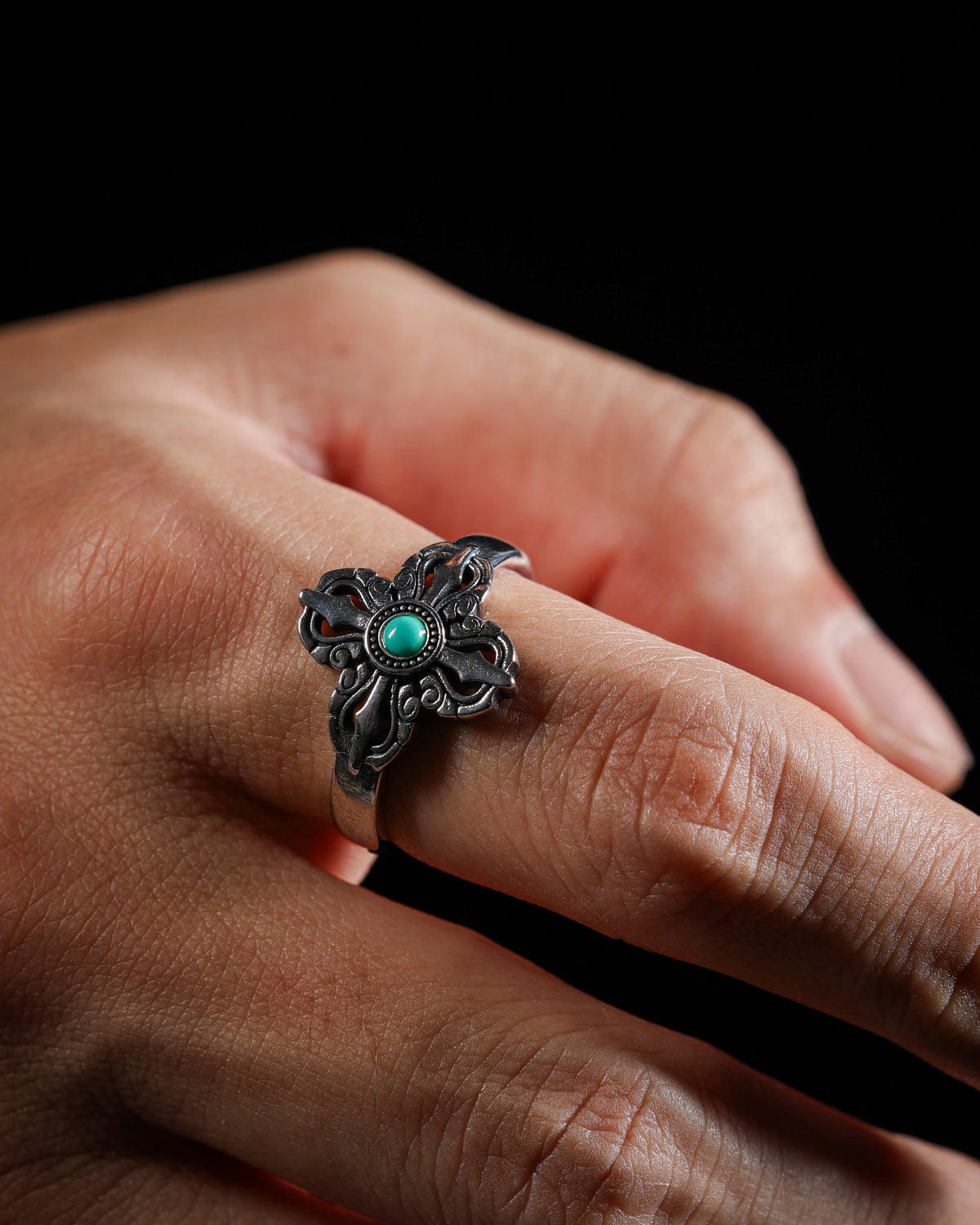 Crossed Vajra Turquoise Open Ring