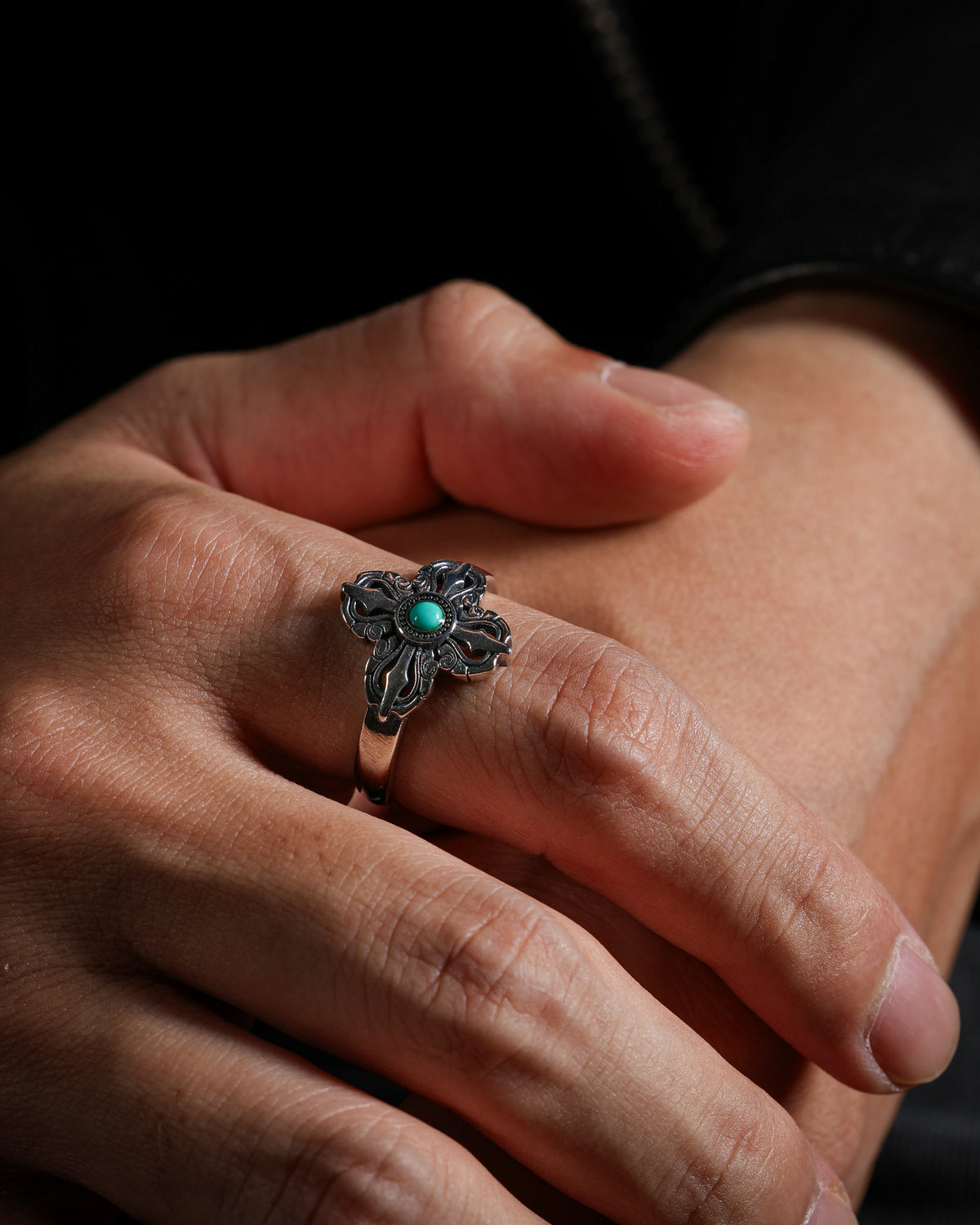 Crossed Vajra Turquoise Open Ring