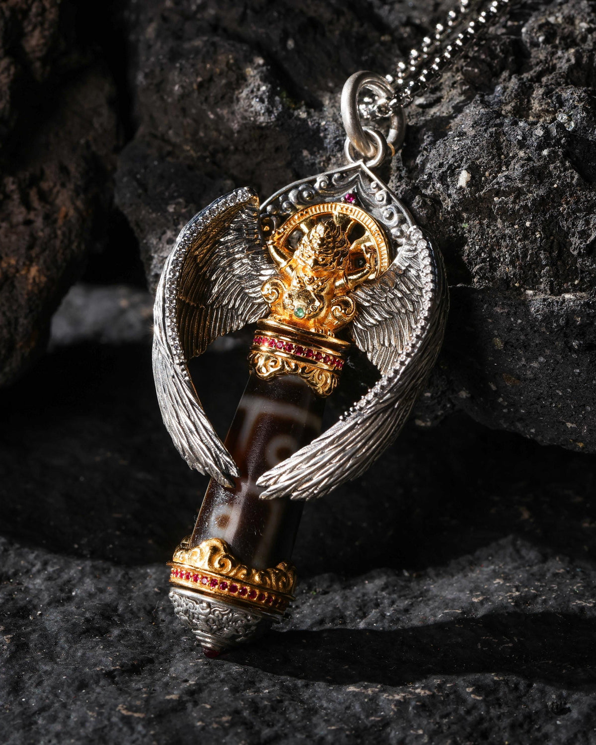 Garuda Dzi Rotating Wheel Pendant Necklace-1