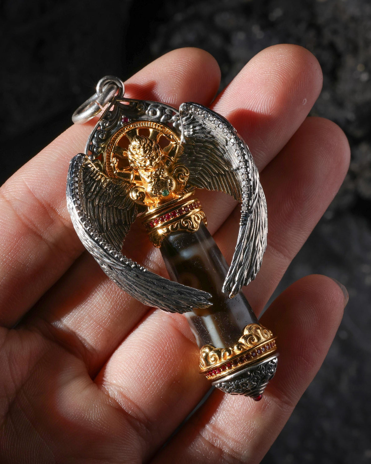 Garuda Dzi Rotating Wheel Pendant Necklace-4