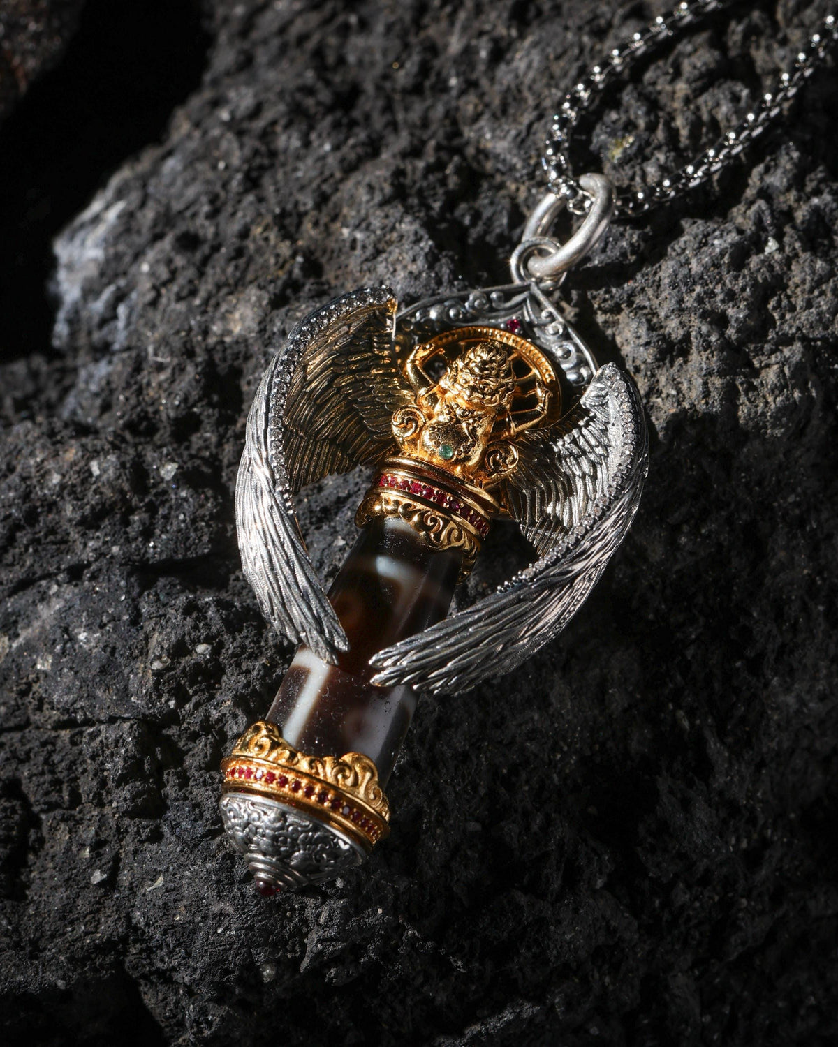 Garuda Dzi Rotating Wheel Pendant Necklace-5