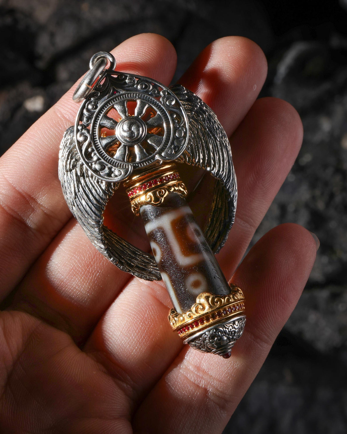 Garuda Dzi Rotating Wheel Pendant Necklace-7