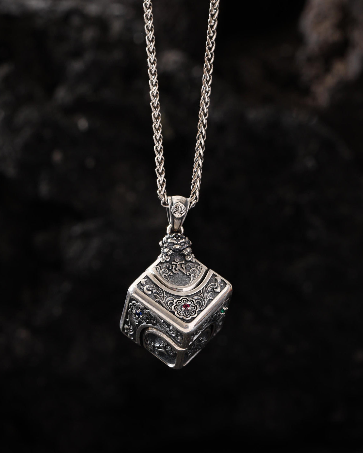 Om Mantra Rotating Cube Pendant Necklace