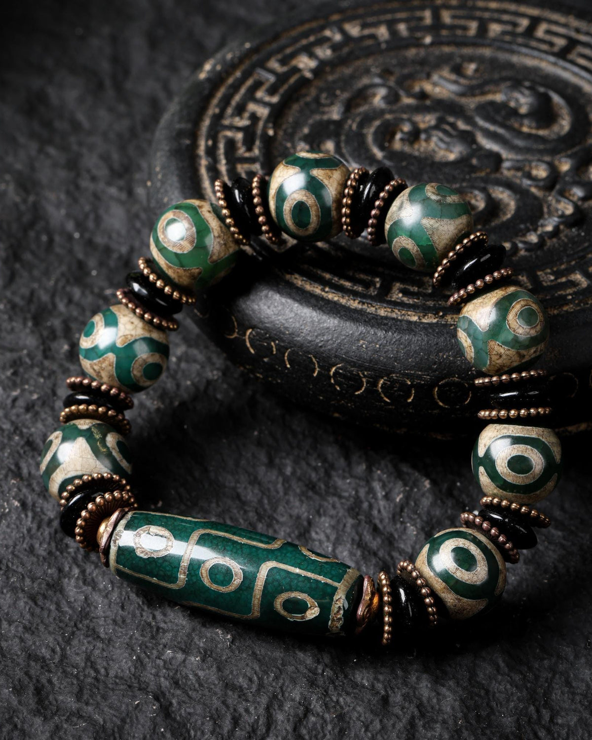 Nine-Eye Green Dzi Mala Bracelet