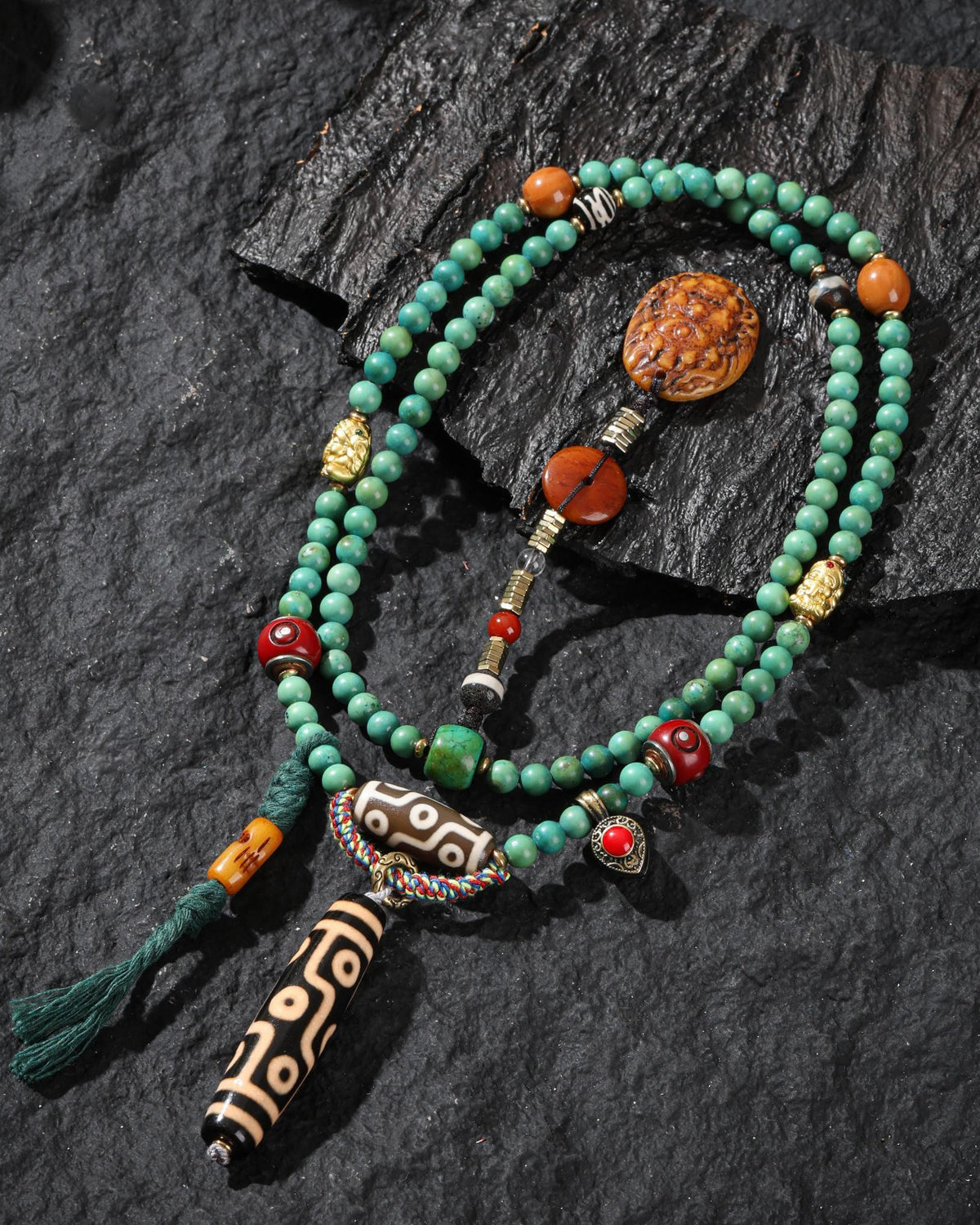 Turquoise Nine-Eye Dzi Pendant Necklace