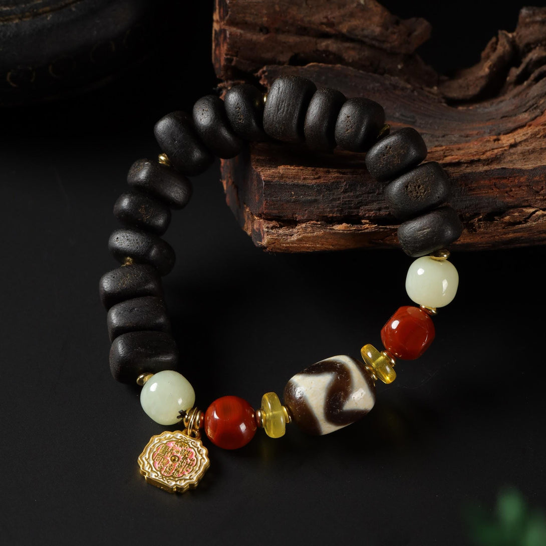 AURA DEER Handmade Agar-wood Dzi Mala Bracelet - Spiritual Protection & Positive Energy Jewelry