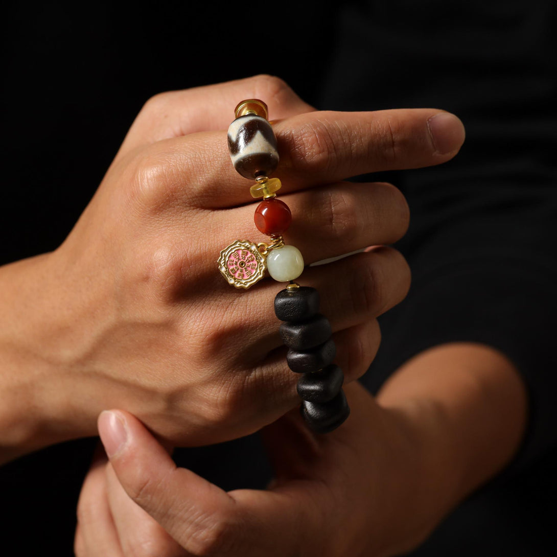 AURA DEER Handmade Agar-wood Dzi Mala Bracelet - Spiritual Protection & Positive Energy Jewelry