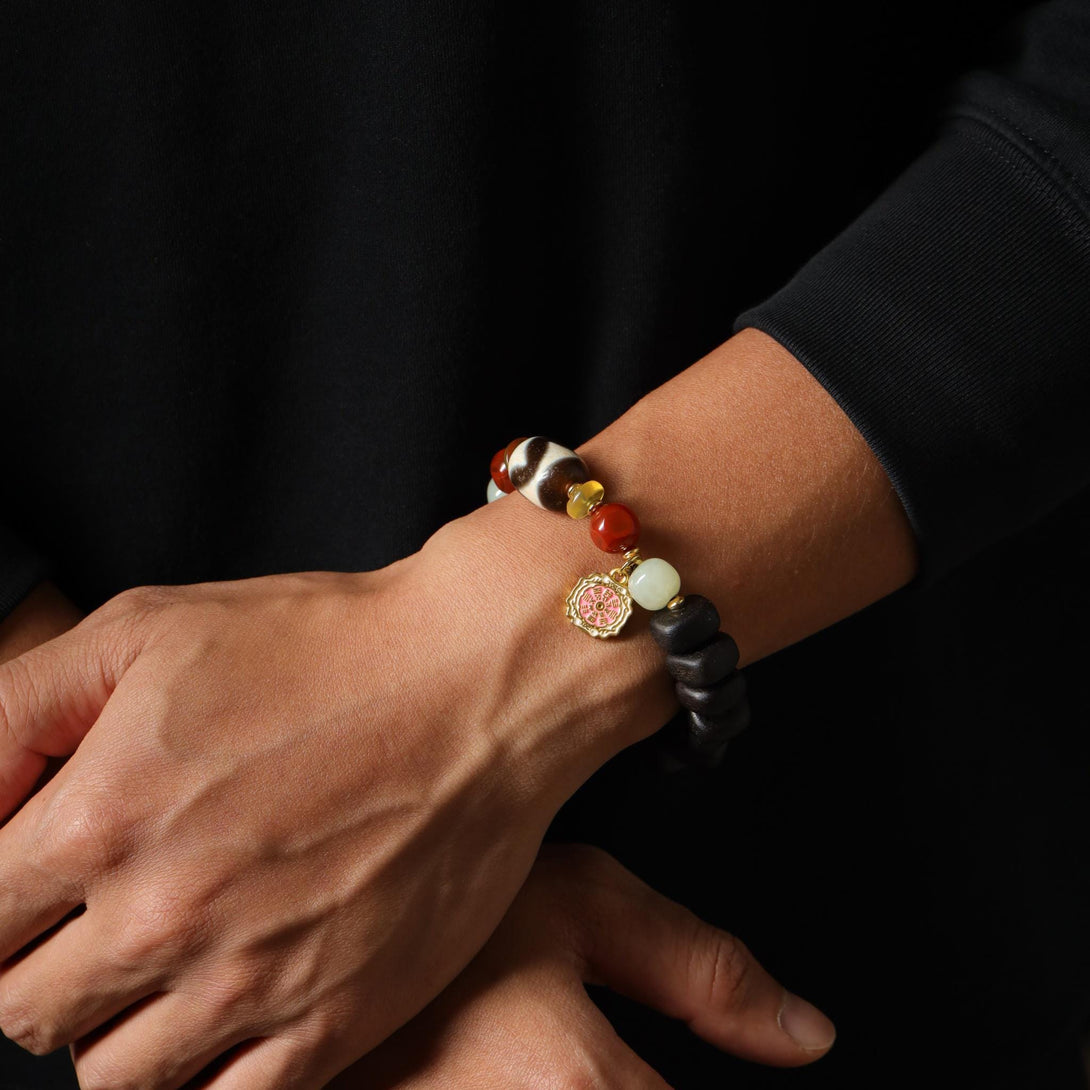 AURA DEER Handmade Agar-wood Dzi Mala Bracelet - Spiritual Protection & Positive Energy Jewelry