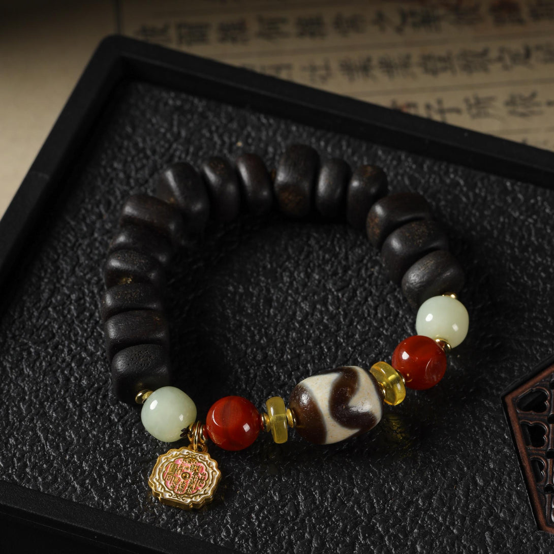 AURA DEER Handmade Agar-wood Dzi Mala Bracelet - Spiritual Protection & Positive Energy Jewelry
