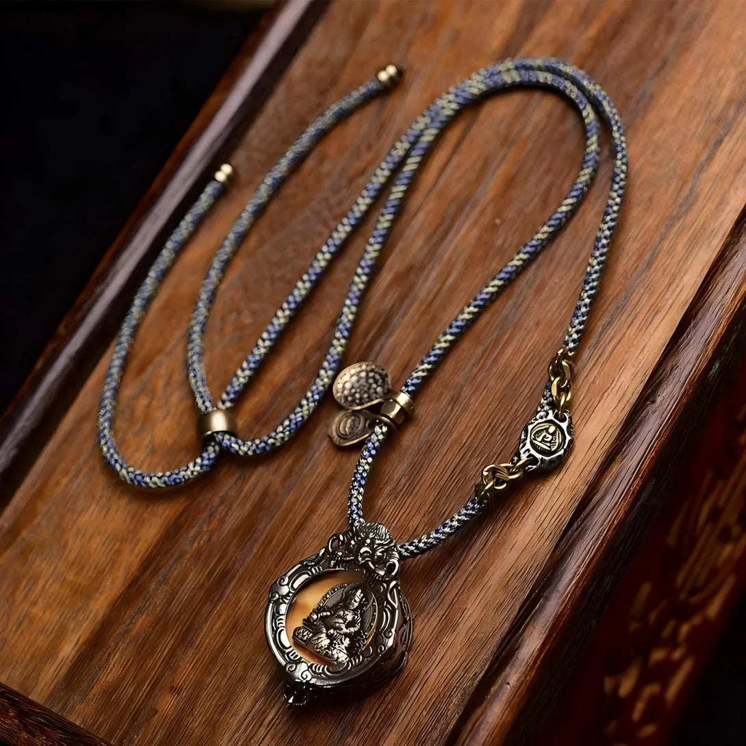 AURA DEER Handwoven Tibetan Amulet Necklace - Ancient Bronze Jambhala Gau Pendant