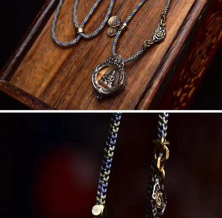 AURA DEER Handwoven Tibetan Amulet Necklace - Ancient Bronze Jambhala Gau Pendant