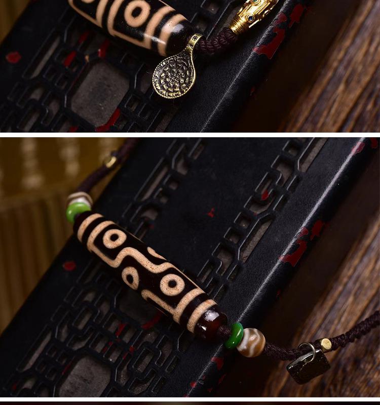 AURA DEER Sacred Dzi Bead Necklace Nine-Eye Celestial Pearl Handwoven Blessing Cord Tibetan Heirloom