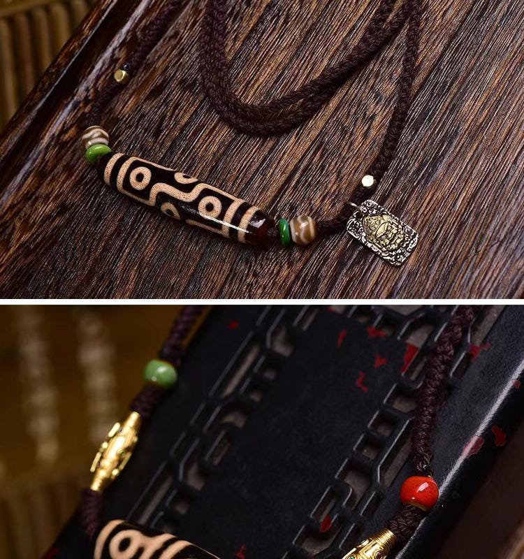 AURA DEER Sacred Dzi Bead Necklace Nine-Eye Celestial Pearl Handwoven Blessing Cord Tibetan Heirloom
