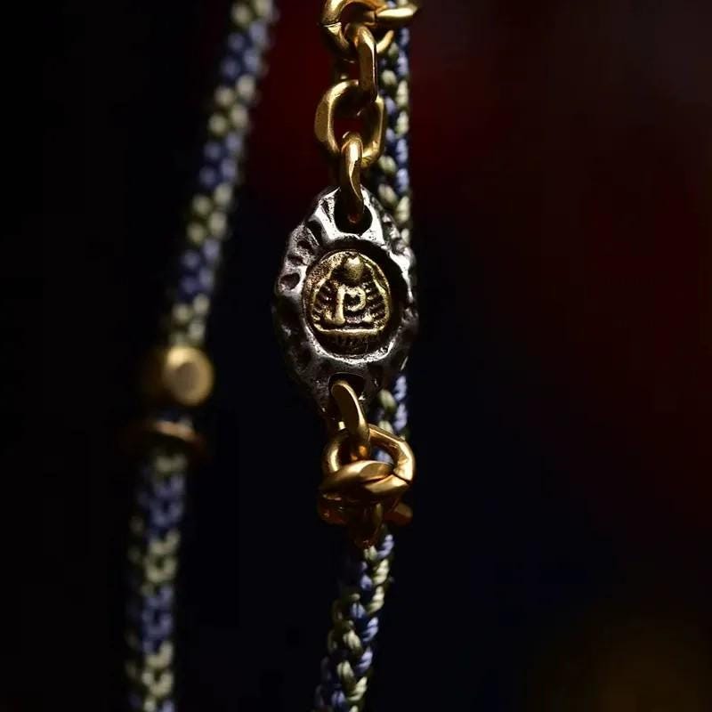 AURA DEER Handwoven Tibetan Amulet Necklace - Ancient Bronze Jambhala Gau Pendant