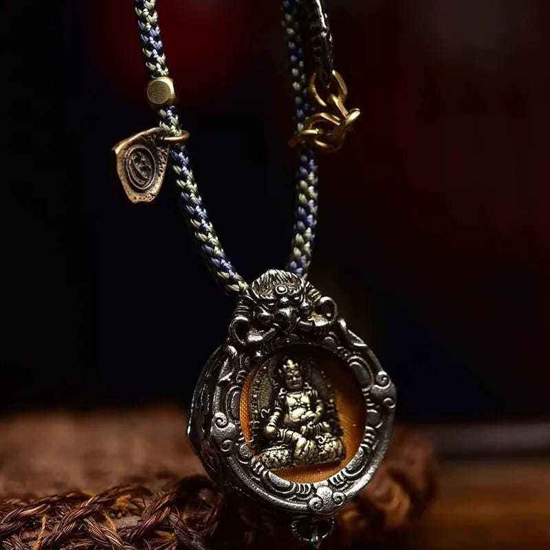 AURA DEER Handwoven Tibetan Amulet Necklace - Ancient Bronze Jambhala Gau Pendant