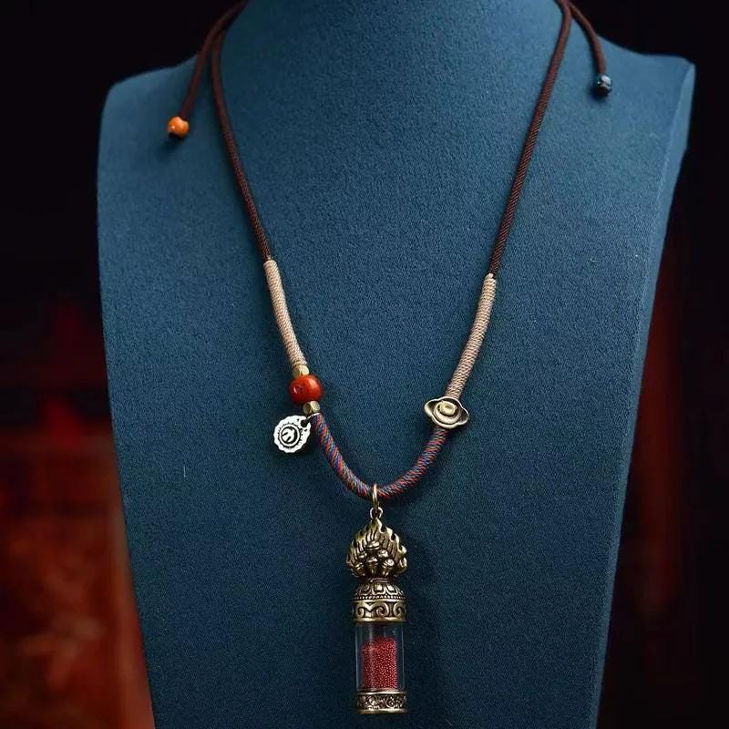 AURA DEER Sacred Tibetan Gau Necklace - Vajra Cross Dorje Pendant with Cinnabar Blessing