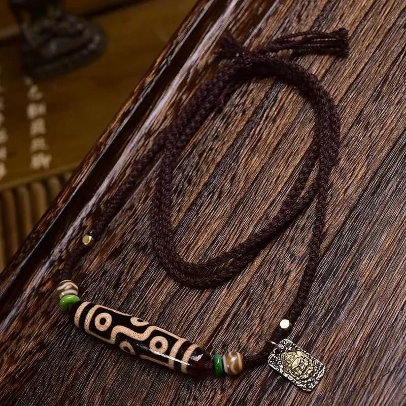 AURA DEER Sacred Dzi Bead Necklace Nine-Eye Celestial Pearl Handwoven Blessing Cord Tibetan Heirloom