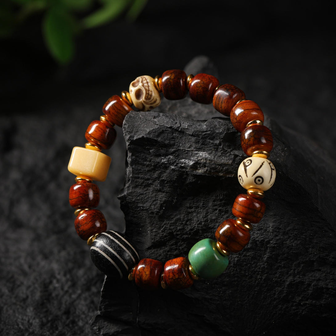 Aura Deer Yak Bone Dzi Bead Bracelet – Handmade Tibetan Mala, Dzi, Yak Bone Beads, Skull Bracelet, Spiritual Boho Jewelry