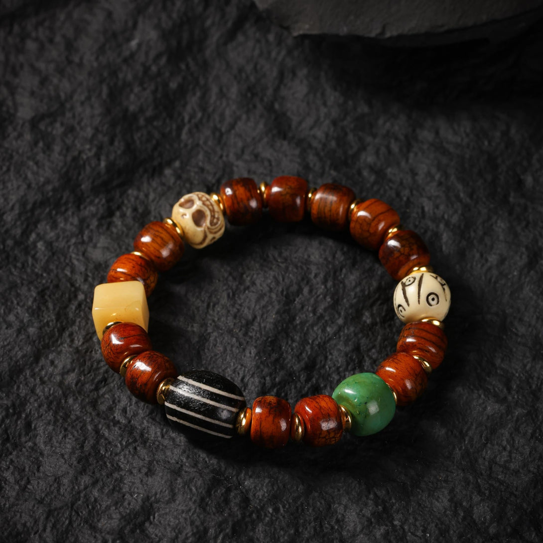 Aura Deer Yak Bone Dzi Bead Bracelet – Handmade Tibetan Mala, Dzi, Yak Bone Beads, Skull Bracelet, Spiritual Boho Jewelry