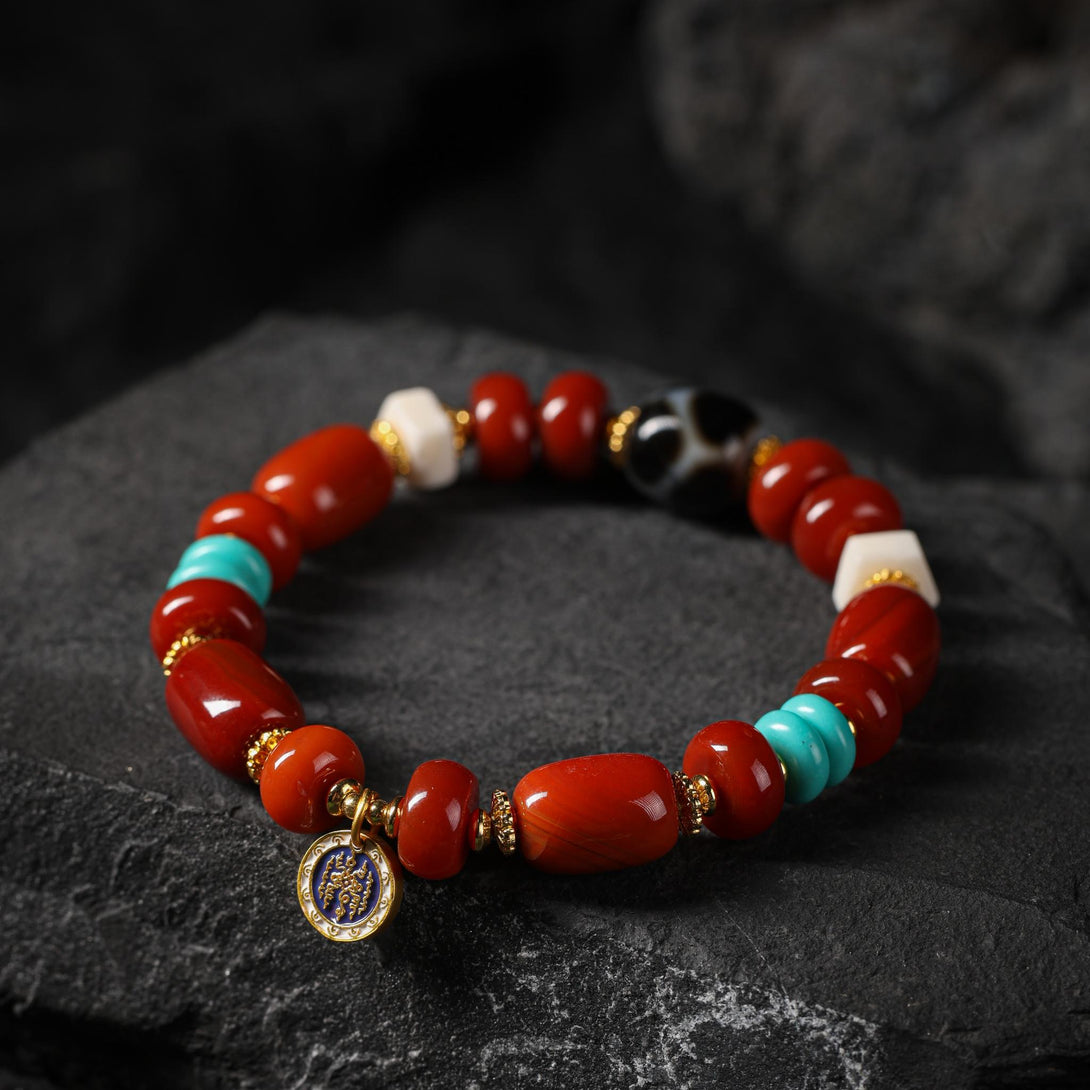 AURA DEER Tibetan Mala Bead Bracelet – Red Cinnabar & Turquoise Beads, Yak Bone Accents, Dzi Bead Zaki Charm, Boho Spiritual Jewelry