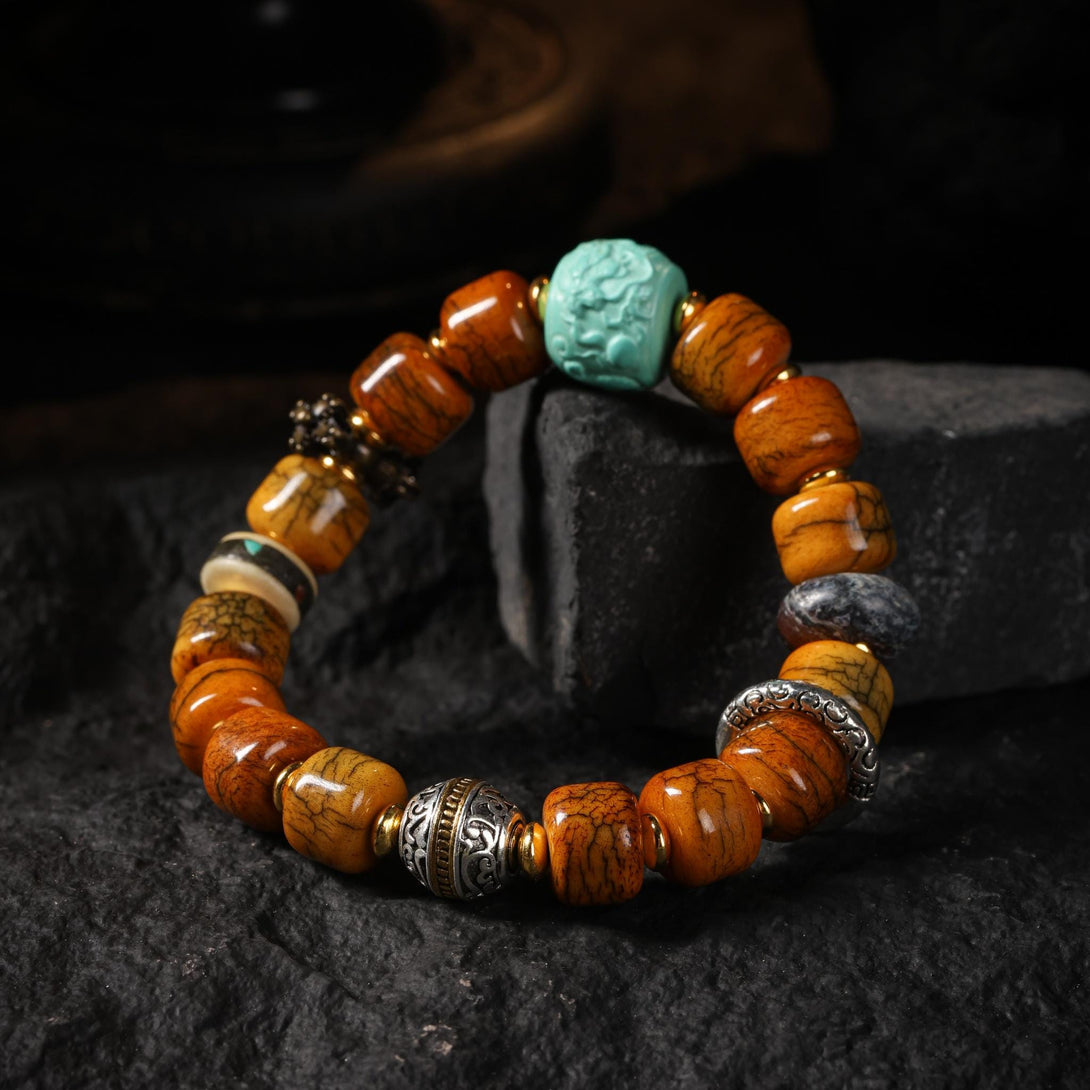AURA DEER Brown Yak Bone Bracelet with Turquoise & Vajra Bead | Tibetan Buddhist Mala Style