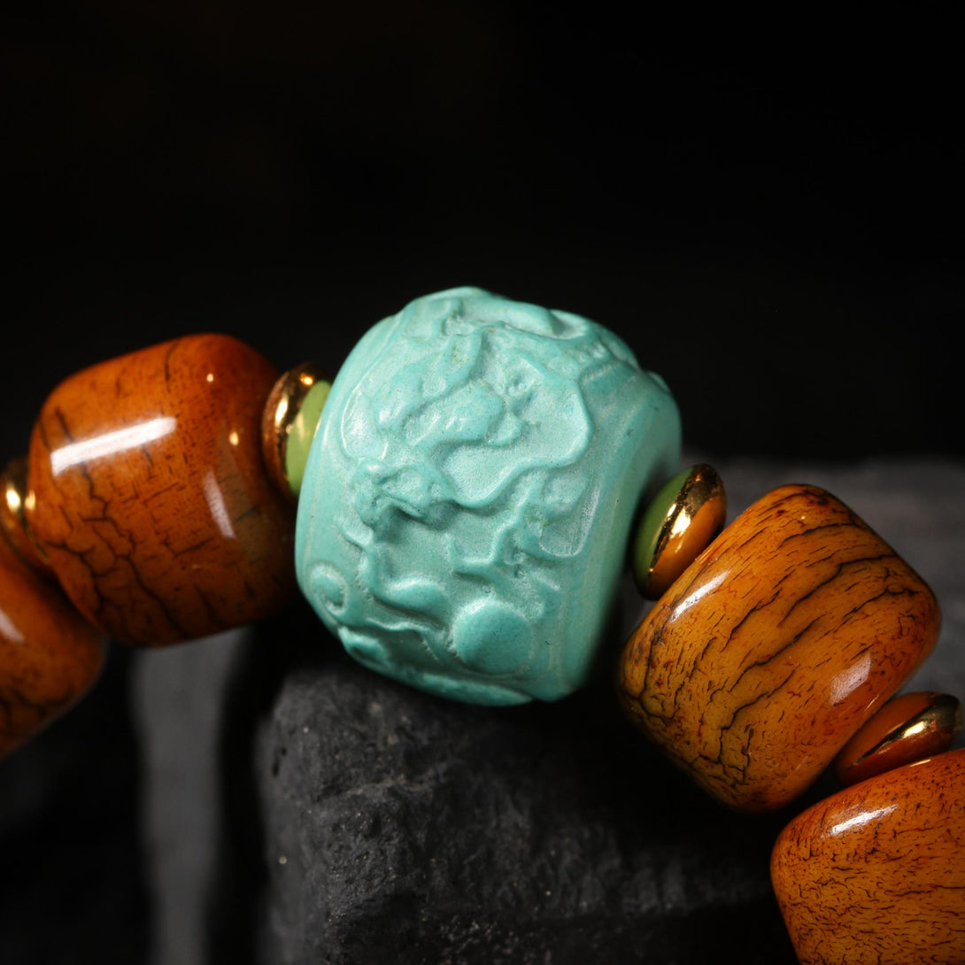 AURA DEER Brown Yak Bone Bracelet with Turquoise & Vajra Bead | Tibetan Buddhist Mala Style