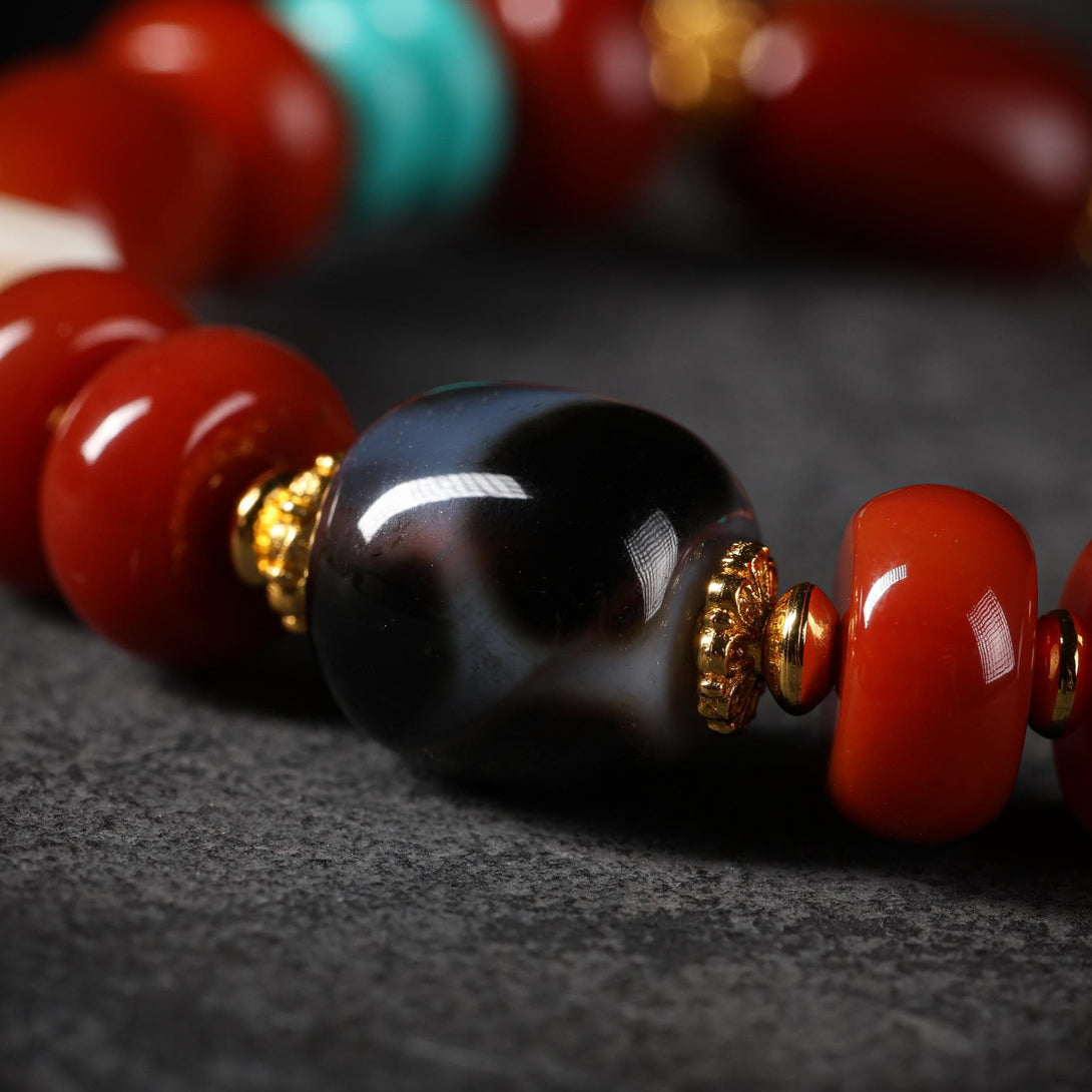 AURA DEER Tibetan Mala Bead Bracelet – Red Cinnabar & Turquoise Beads, Yak Bone Accents, Dzi Bead Zaki Charm, Boho Spiritual Jewelry