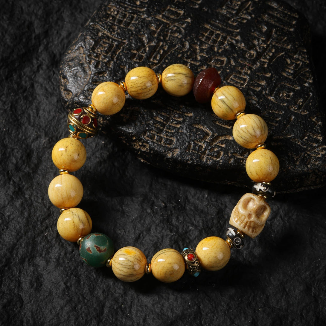 Aura Deer Yak Bone Skull Bracelet – 12mm Tibetan Prayer Beads, Handmade Spiritual Mala, Boho Ethnic Jewelry