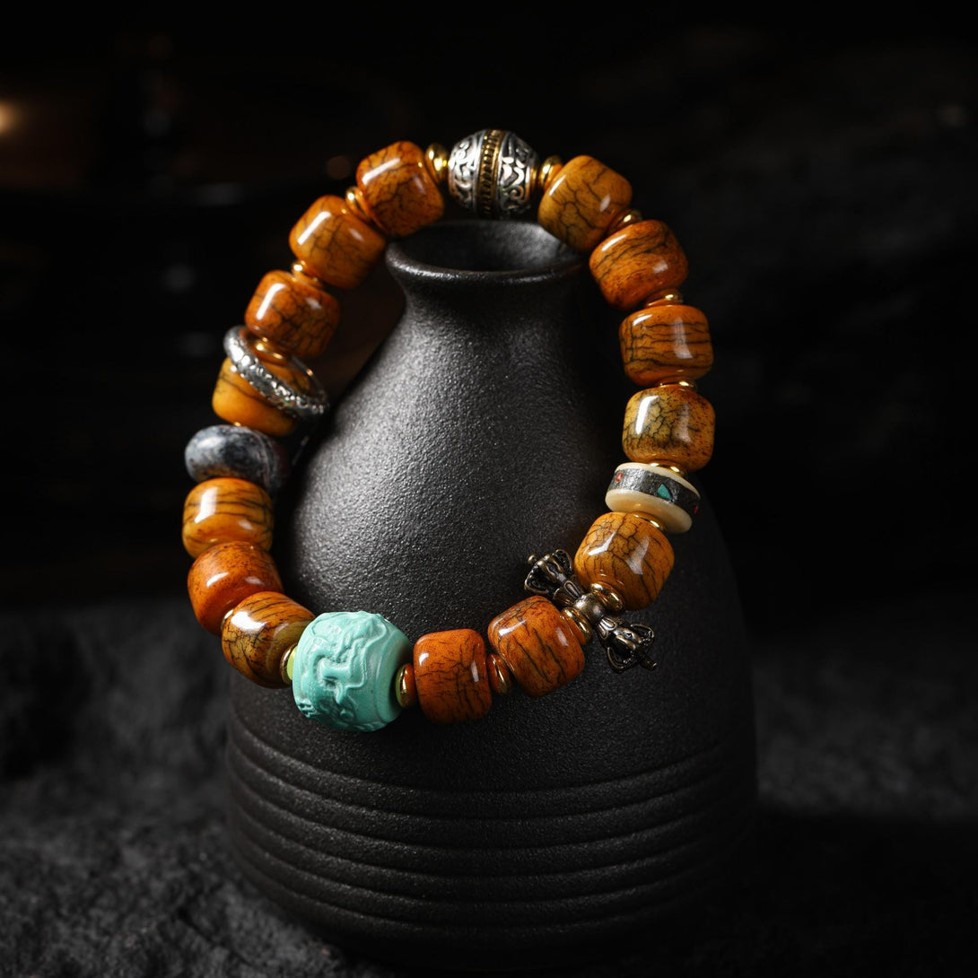 AURA DEER Brown Yak Bone Bracelet with Turquoise & Vajra Bead | Tibetan Buddhist Mala Style
