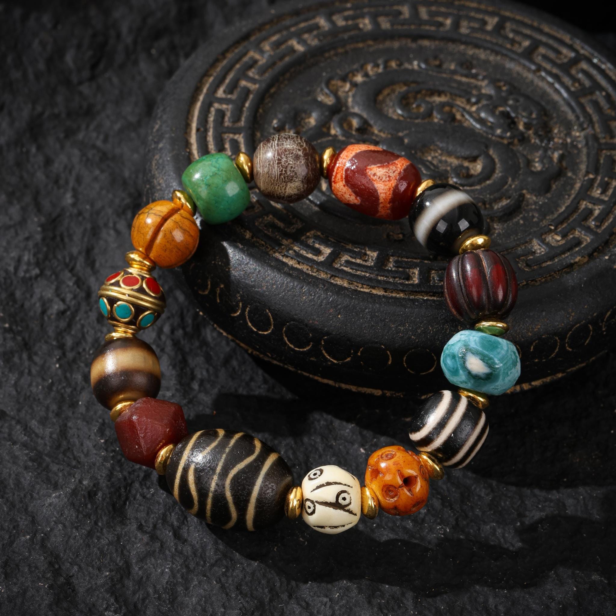 AURA DEER Bone Bracelet Tibetan Amulet Turquoise, Agate & Dzi Beads Yak Bone Sterling Silver Spiritual Protection Jewelry