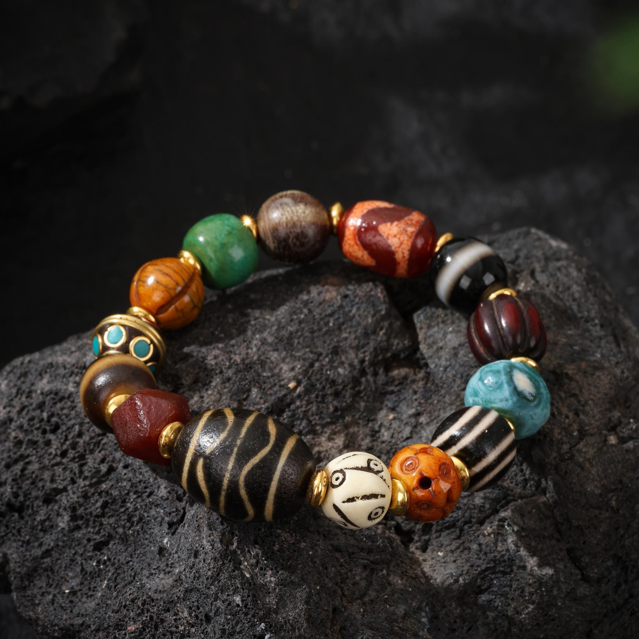 AURA DEER Bone Bracelet Tibetan Amulet Turquoise, Agate & Dzi Beads Yak Bone Sterling Silver Spiritual Protection Jewelry