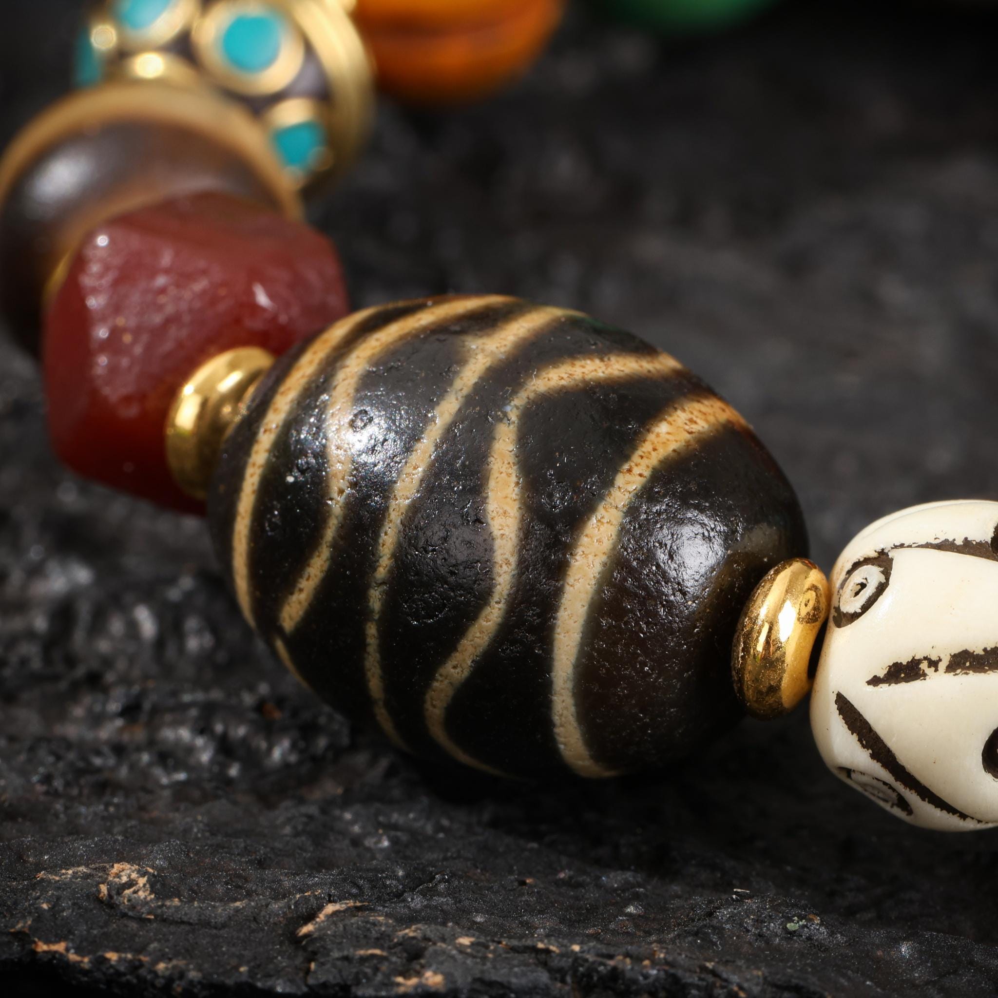 AURA DEER Bone Bracelet Tibetan Amulet Turquoise, Agate & Dzi Beads Yak Bone Sterling Silver Spiritual Protection Jewelry