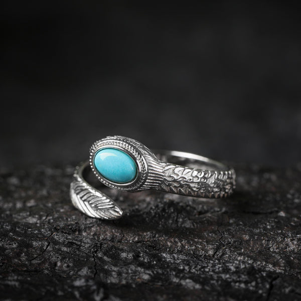 Tibetan Turquoise Feather Ring Sterling Silver Adjustable Snake-Shape Band