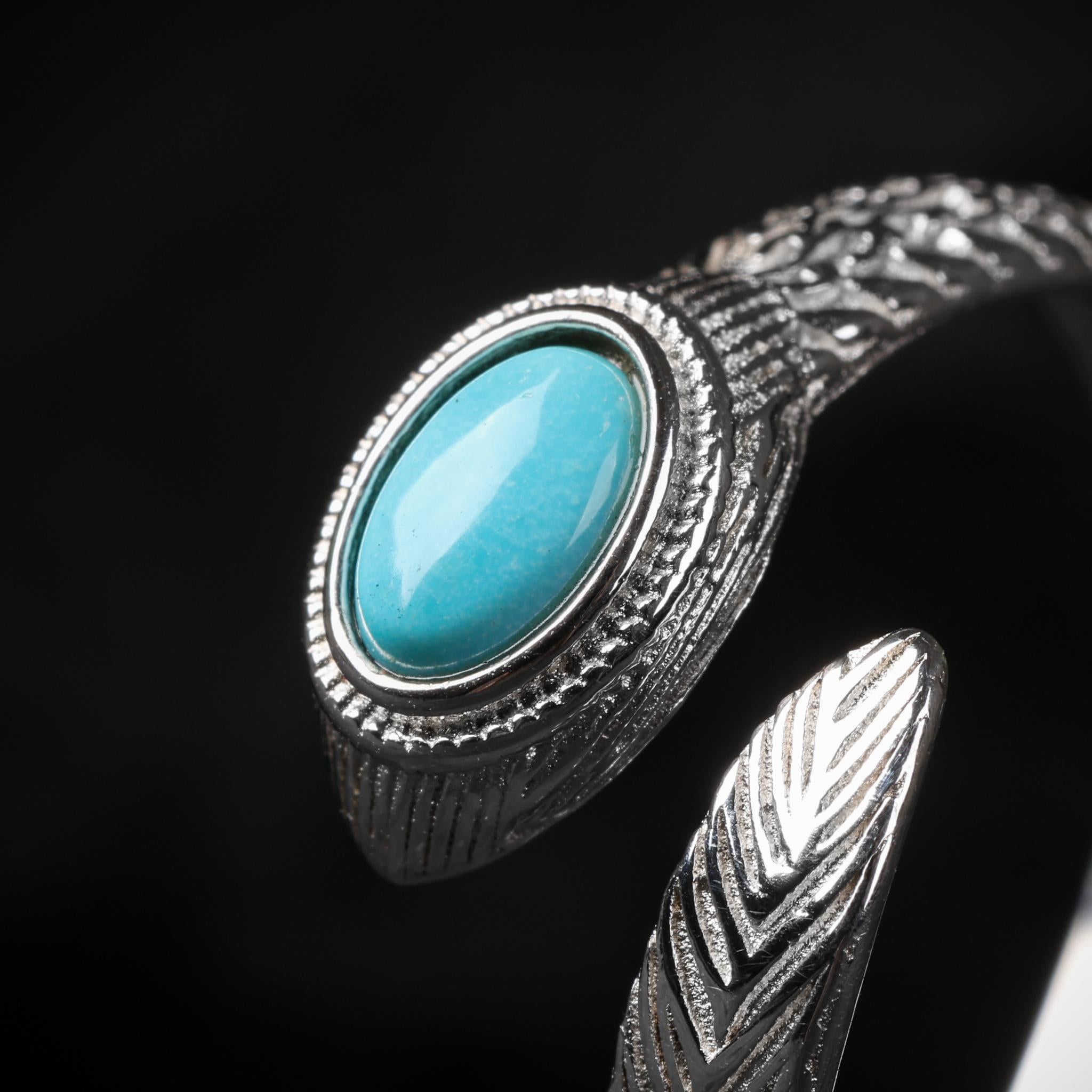 Tibetan Turquoise Feather Ring Sterling Silver Adjustable Snake-Shape Band