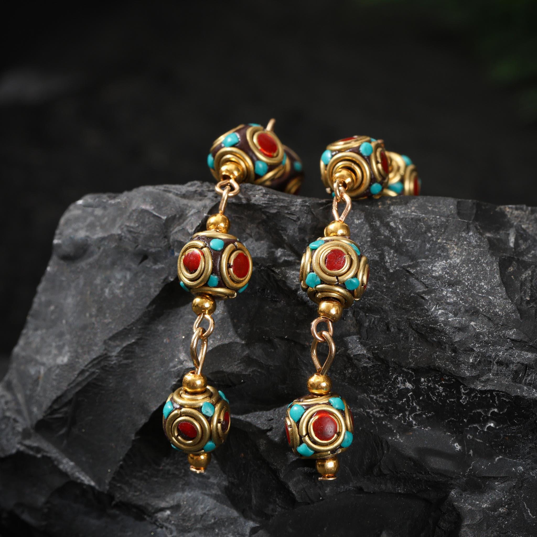 Tibetan Turquoise Red Agate Dangle Earrings