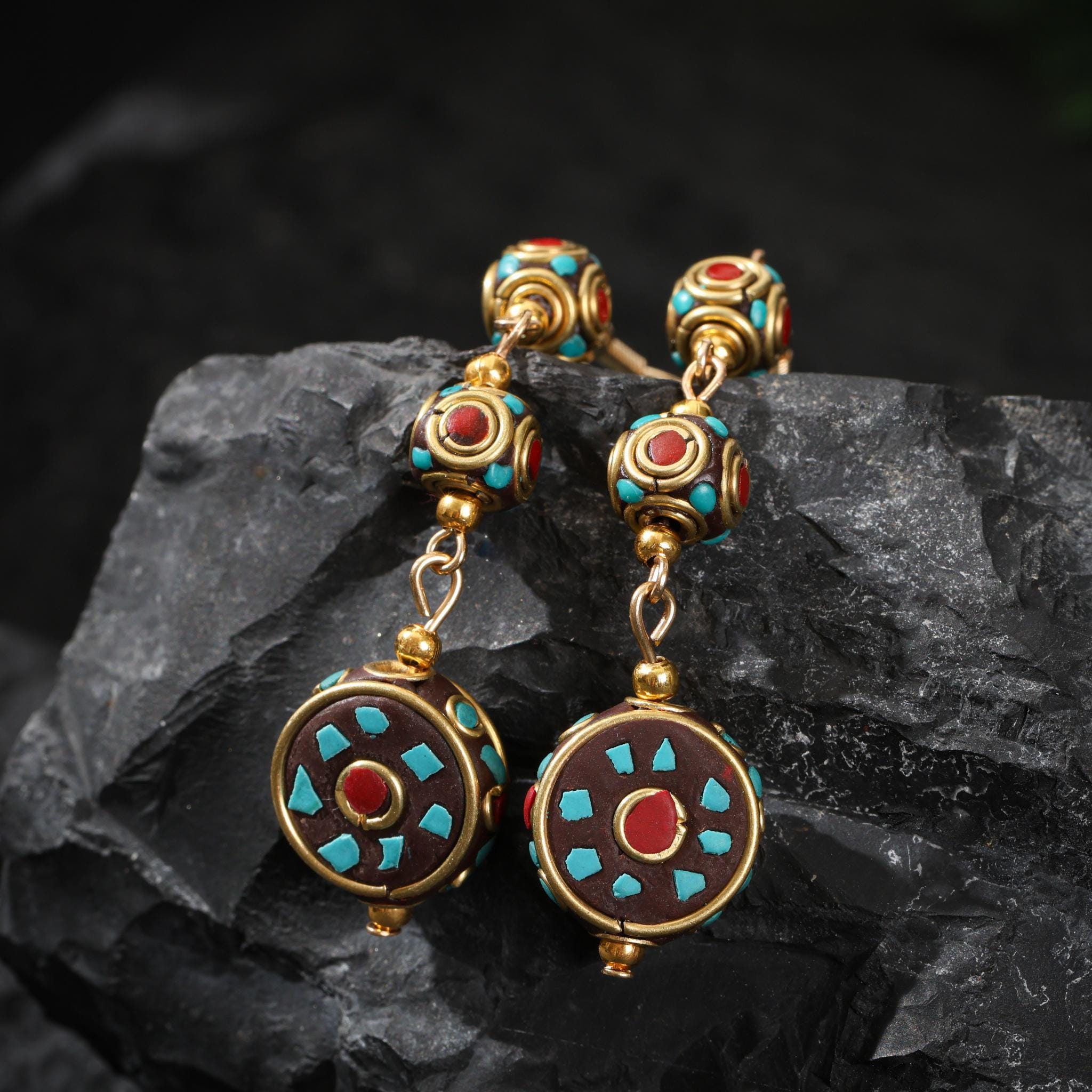 Tibetan Turquoise Red Agate Dangle Earrings