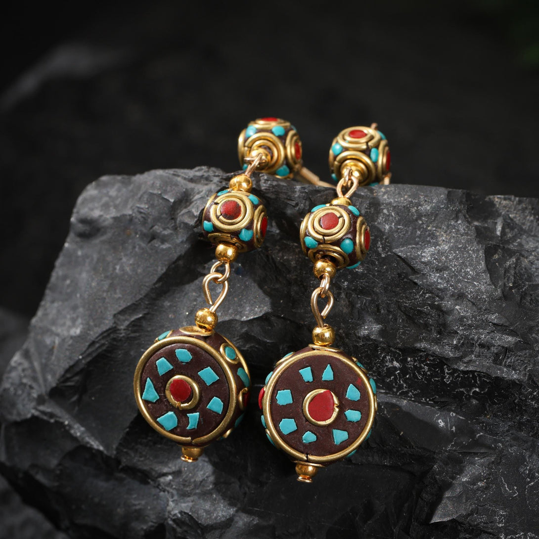 Tibetan Turquoise Red Agate Dangle Earrings