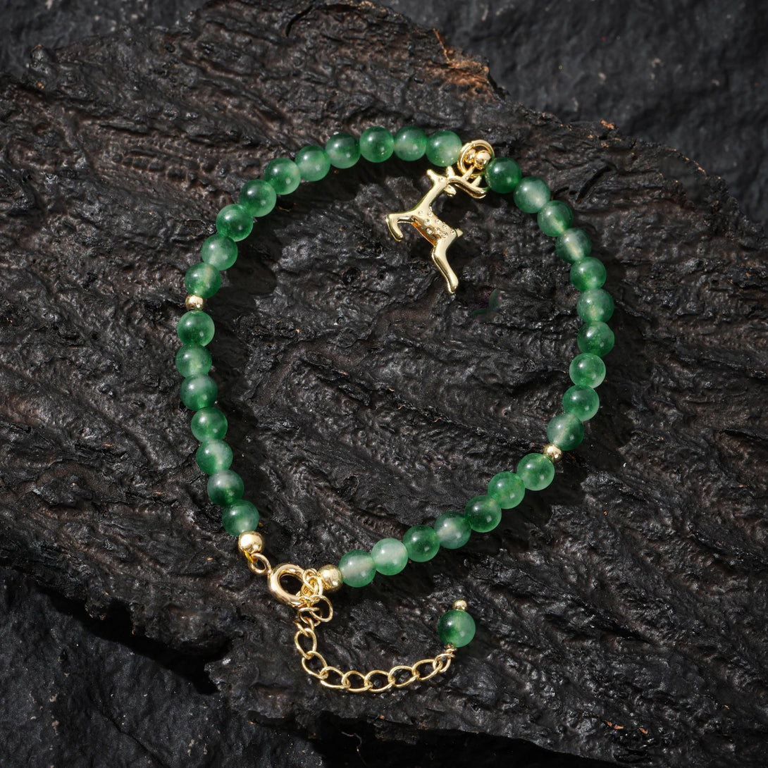 Moss Agate Bracelet with Gold Deer Charm, 14K Gold Filled