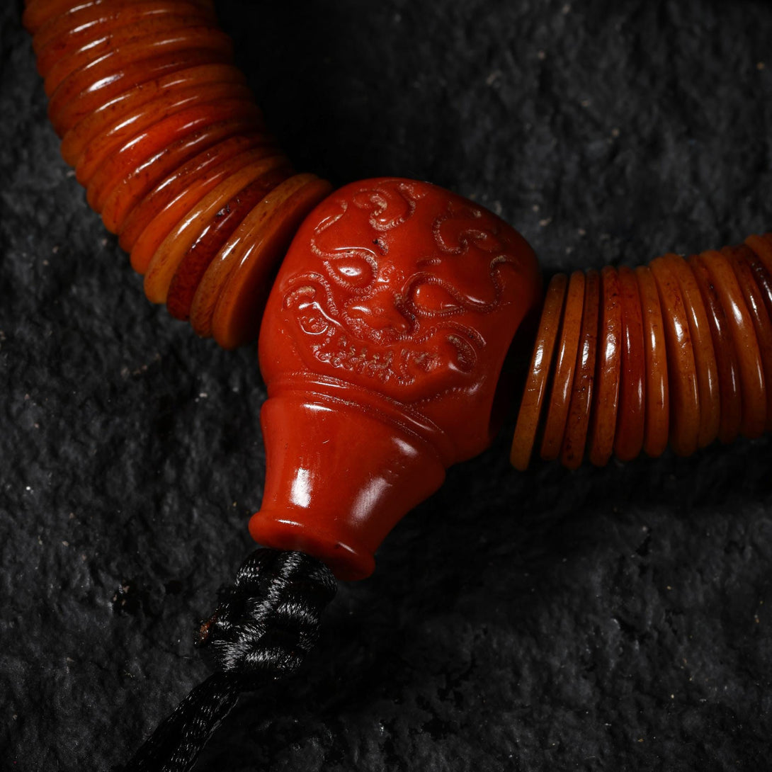 Yak Bone Bracelet 108 Disc Beads with Turquoise, Snow Lion Totem Amulet