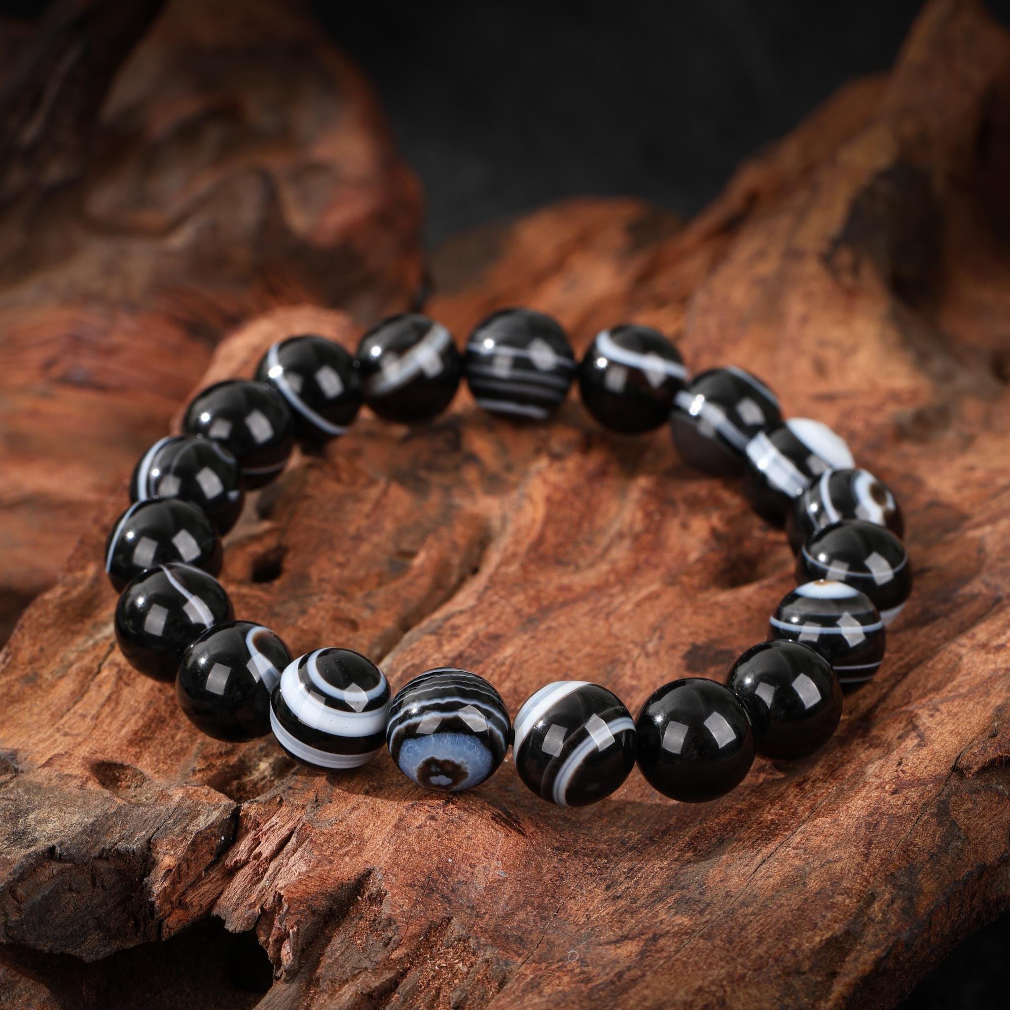 Natural Black Tiger Eye Agate Bracelet, Black & White Striped Beads