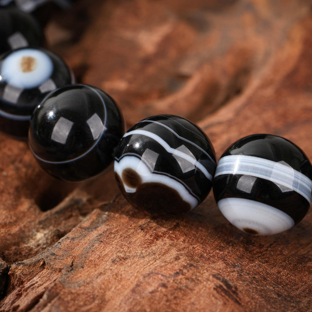 Natural Black Tiger Eye Agate Bracelet, Black & White Striped Beads