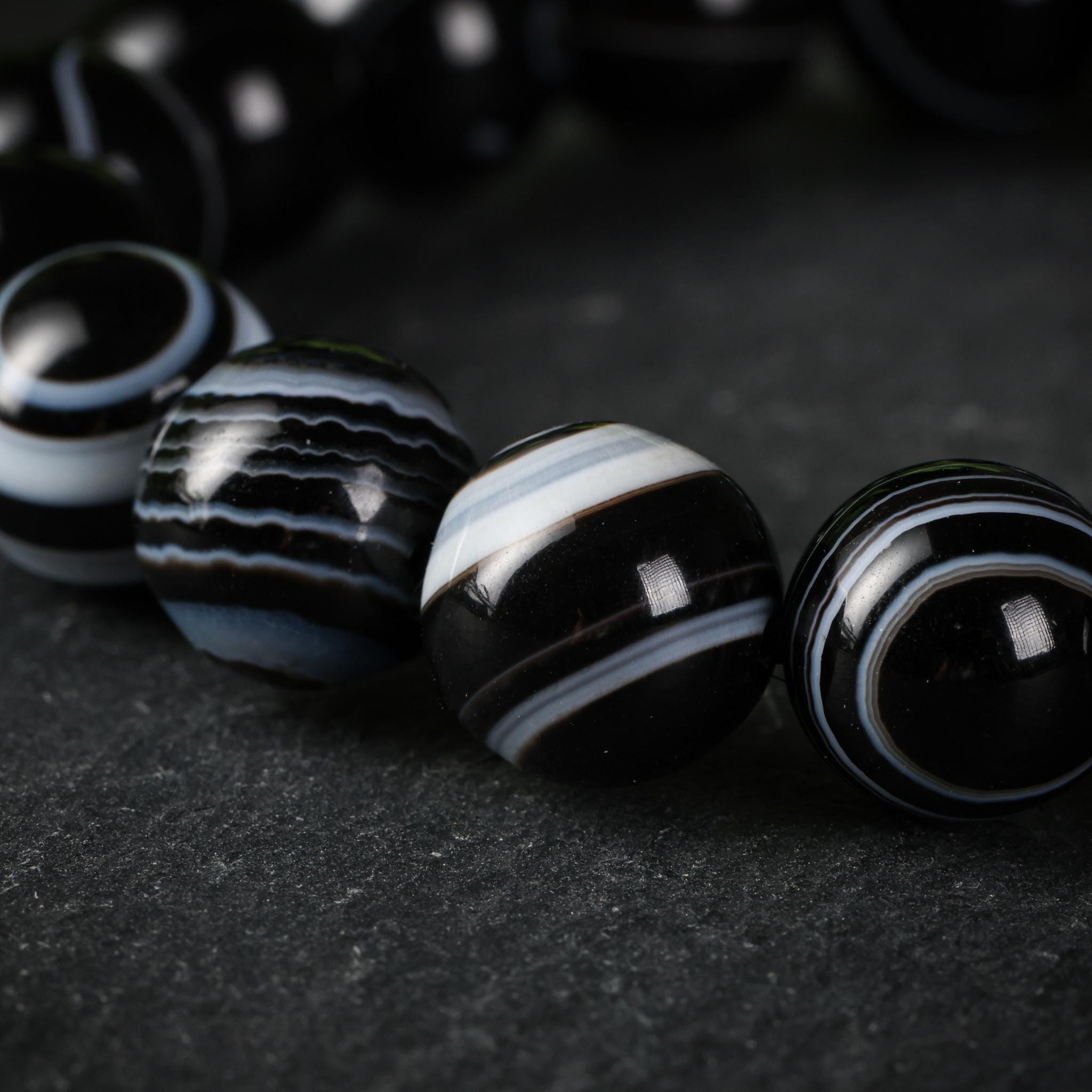 Natural Black Tiger Eye Agate Bracelet, Black & White Striped Beads