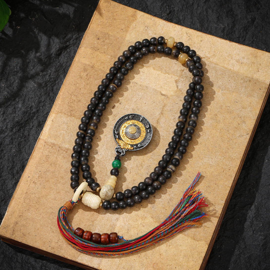 Yak Bone Mala Beads 108 with Tibetan Silver Amulet