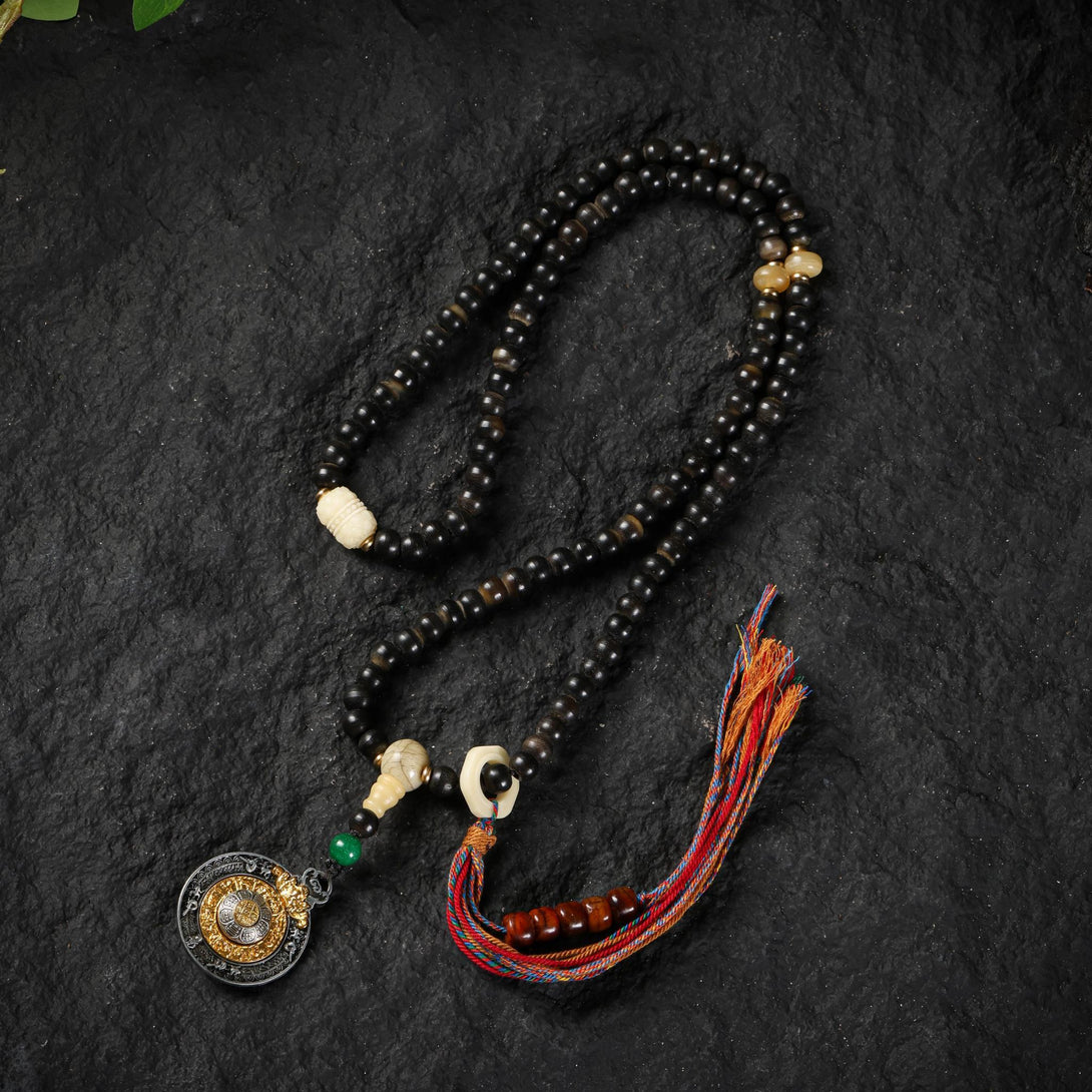 Yak Bone Mala Beads 108 with Tibetan Silver Amulet