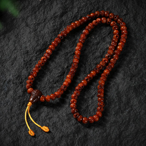 Yak Bone Skull 108 Beads Mala Bracelet, Aged Round & Barrel Beads