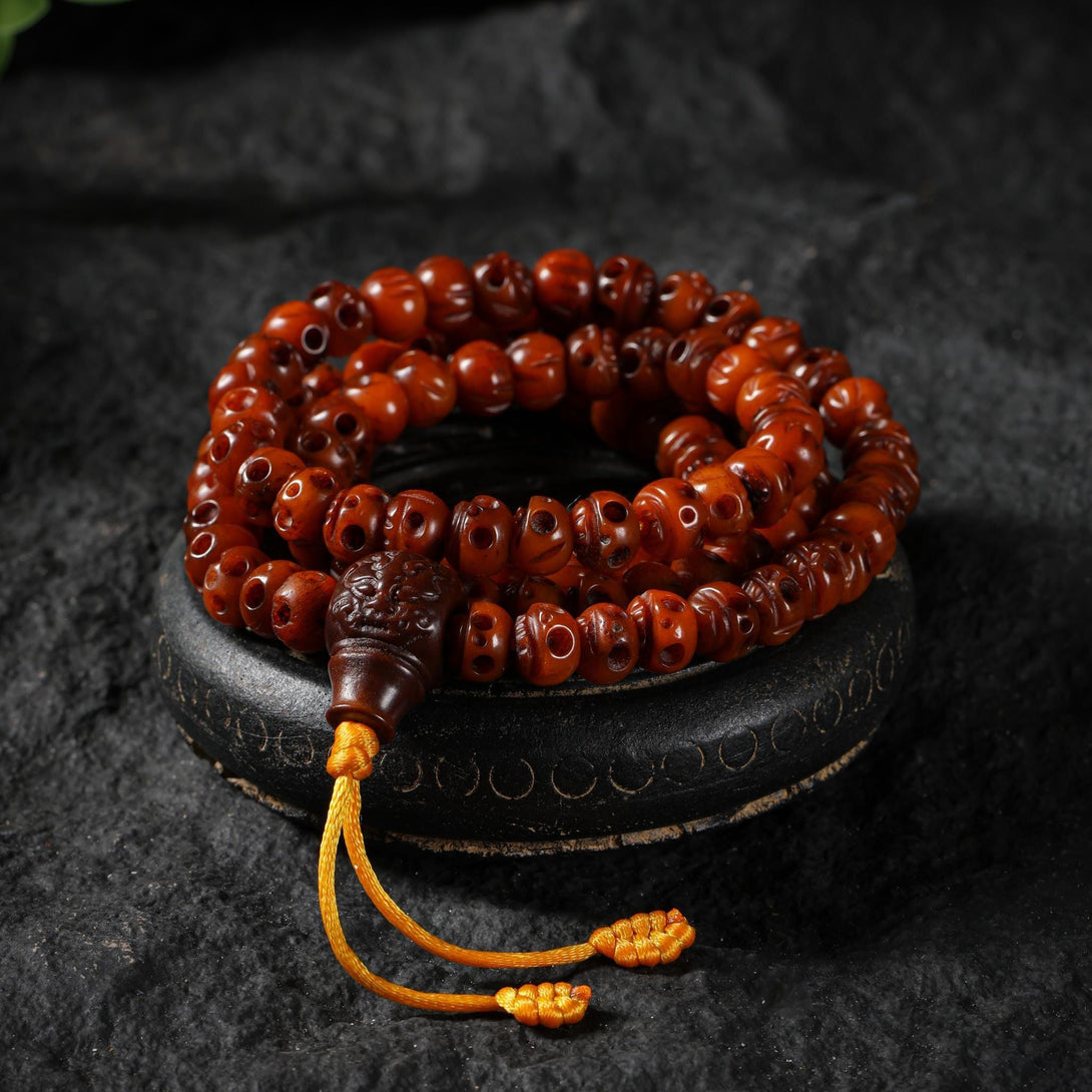 Yak Bone Skull 108 Beads Mala Bracelet, Aged Round & Barrel Beads